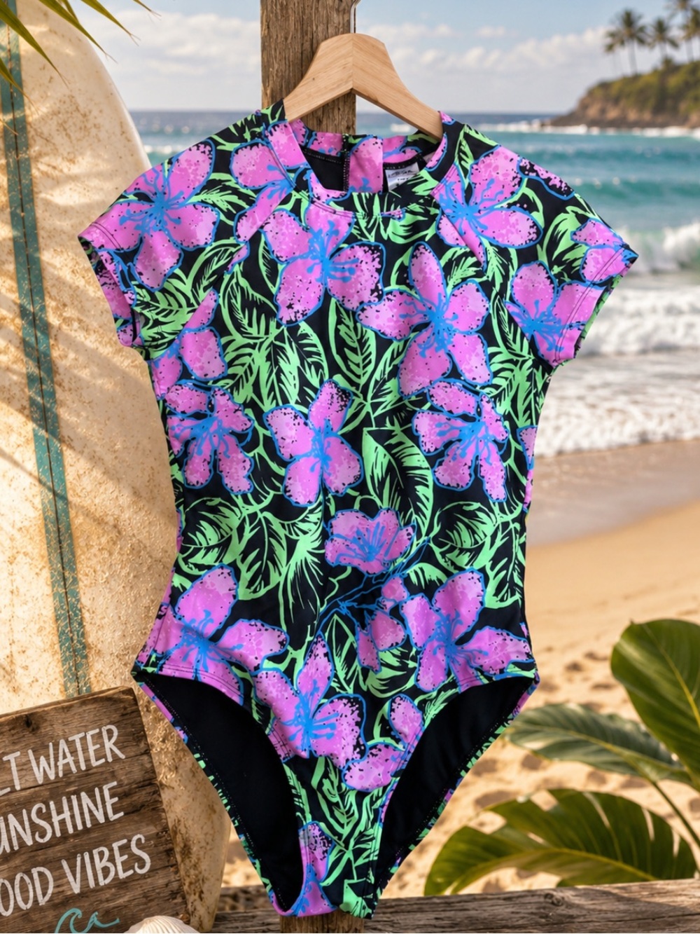 Women’s Black Floral One-Piece Swimsuit with Pink & Green Print
